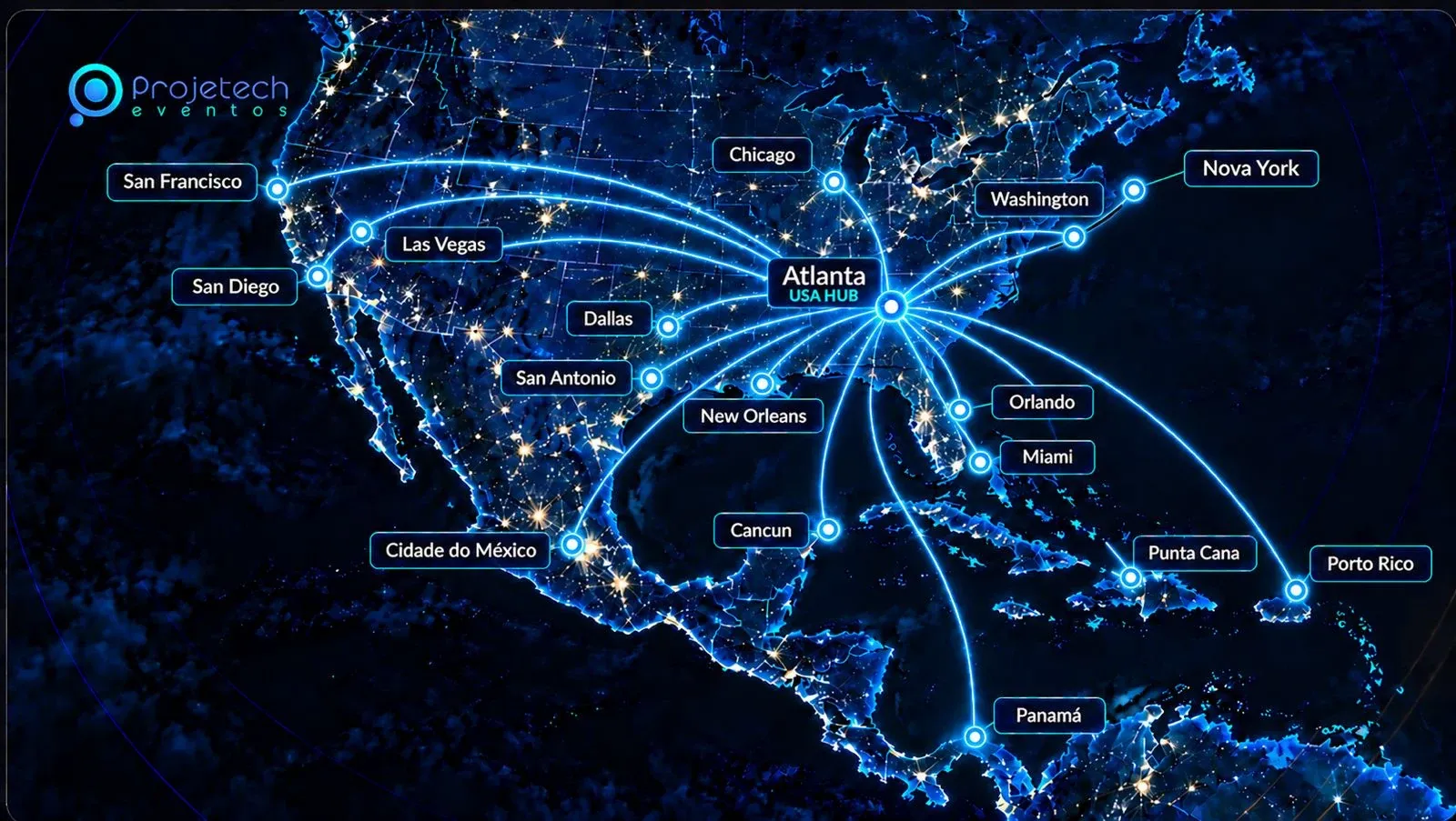Mapa com Atlanta como hub e rotas para San Francisco, San Diego, Las Vegas, Dallas, San Antonio, New Orleans, Chicago, Washington, Nova York, Orlando, Miami, Porto Rico, Punta Cana, Cancún, Cidade do México e Panamá