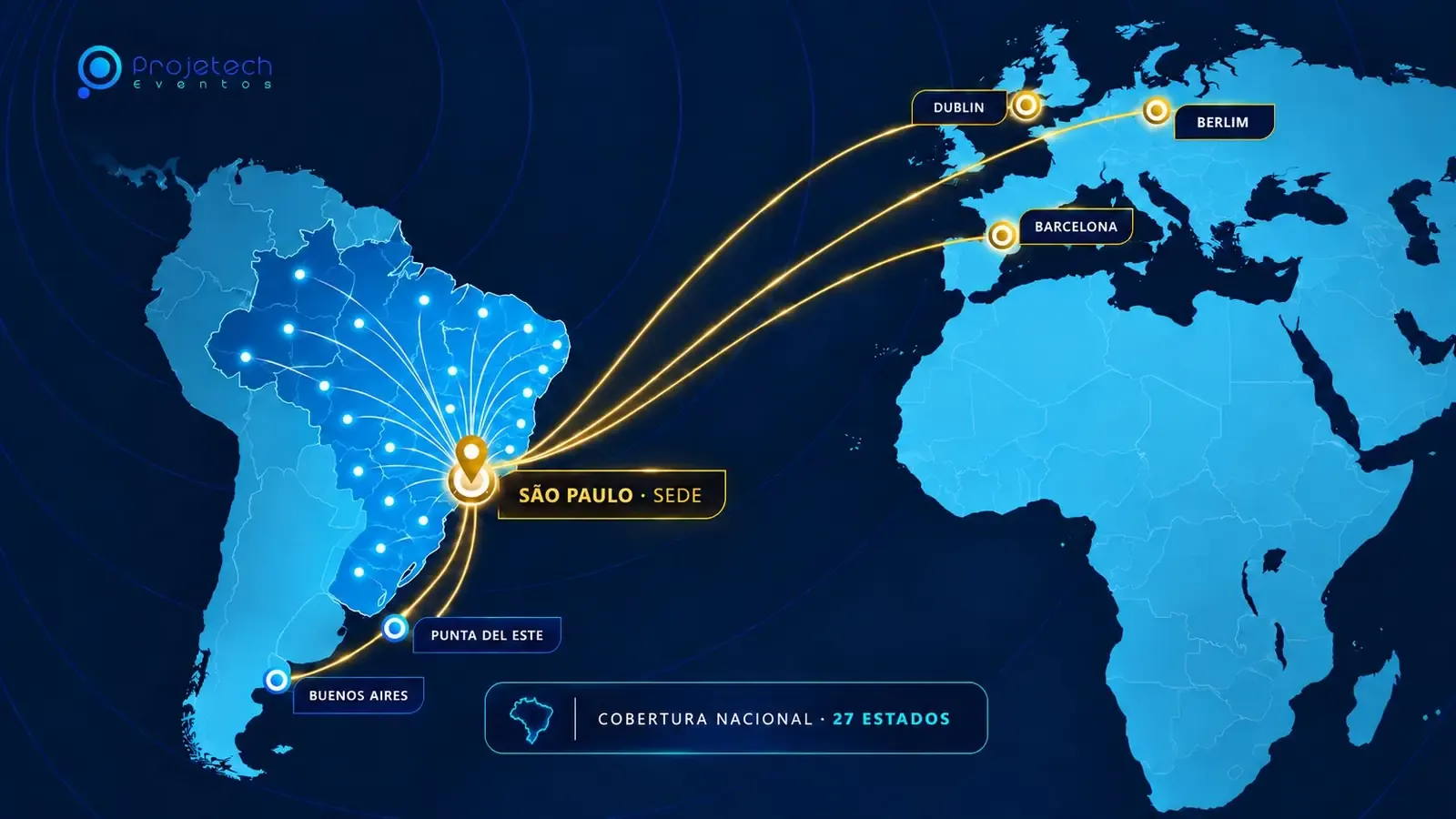 Mapa com a sede em São Paulo, cobertura nos 27 estados do Brasil e eventos em Buenos Aires, Punta del Este, Barcelona, Dublin e Berlim